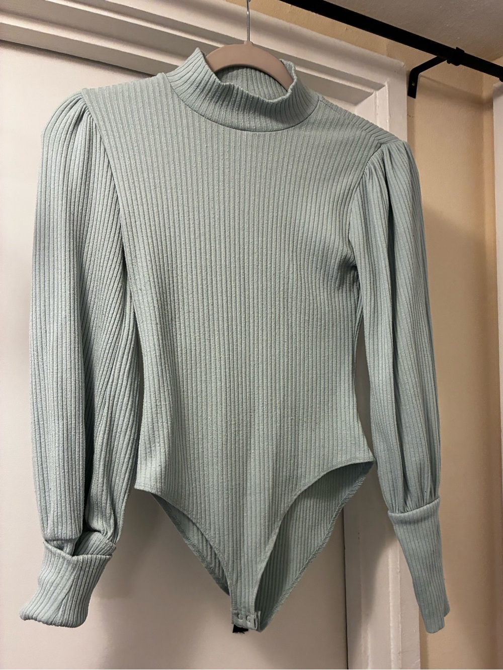 Pale Green Turtle Neck Body Suit Form Fitting with Loose Long Sleeves